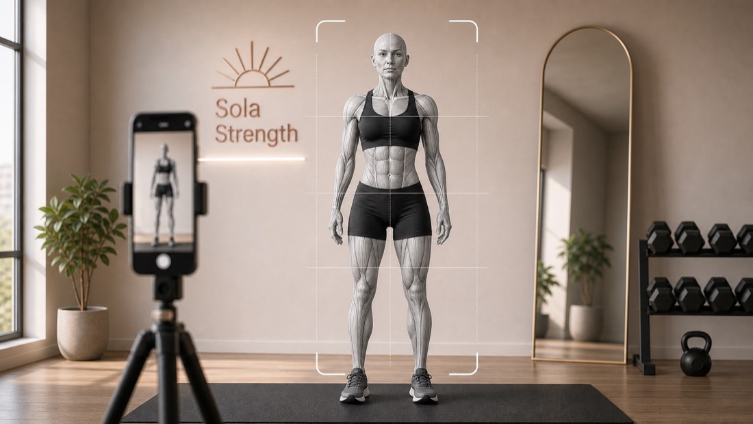 Sola Strength monthly body scan photo setup with centered anatomy training figure